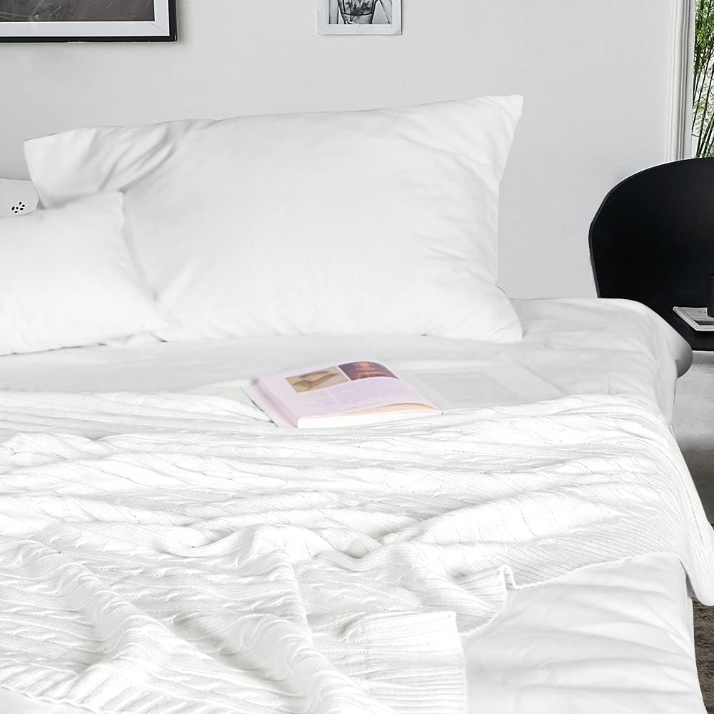 White Pure Cotton Cable Knit Throw Blanket