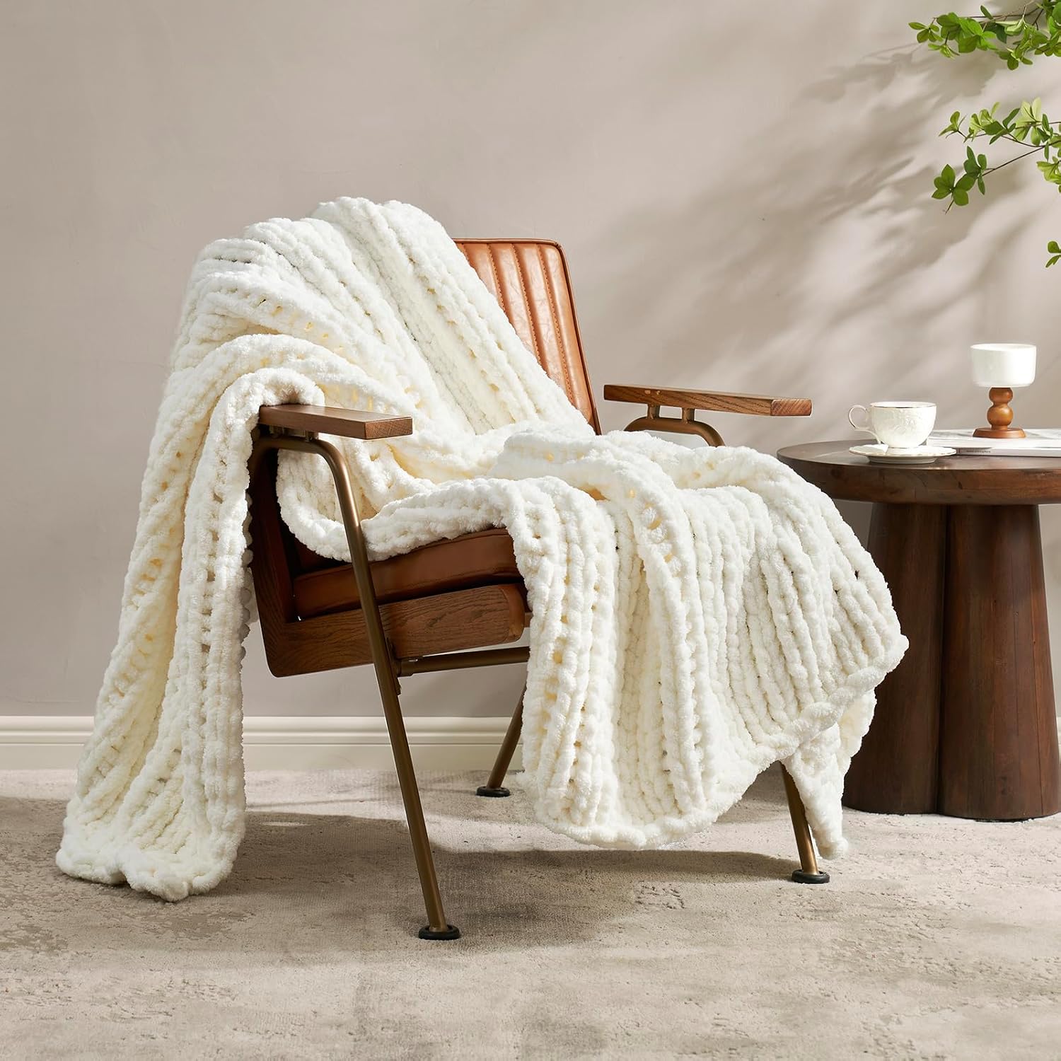 Ivory Chenille Chunky Knit Throw Blanket