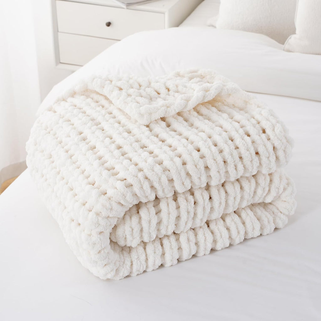 Cream Chenille Cable Knit Throw Blanket