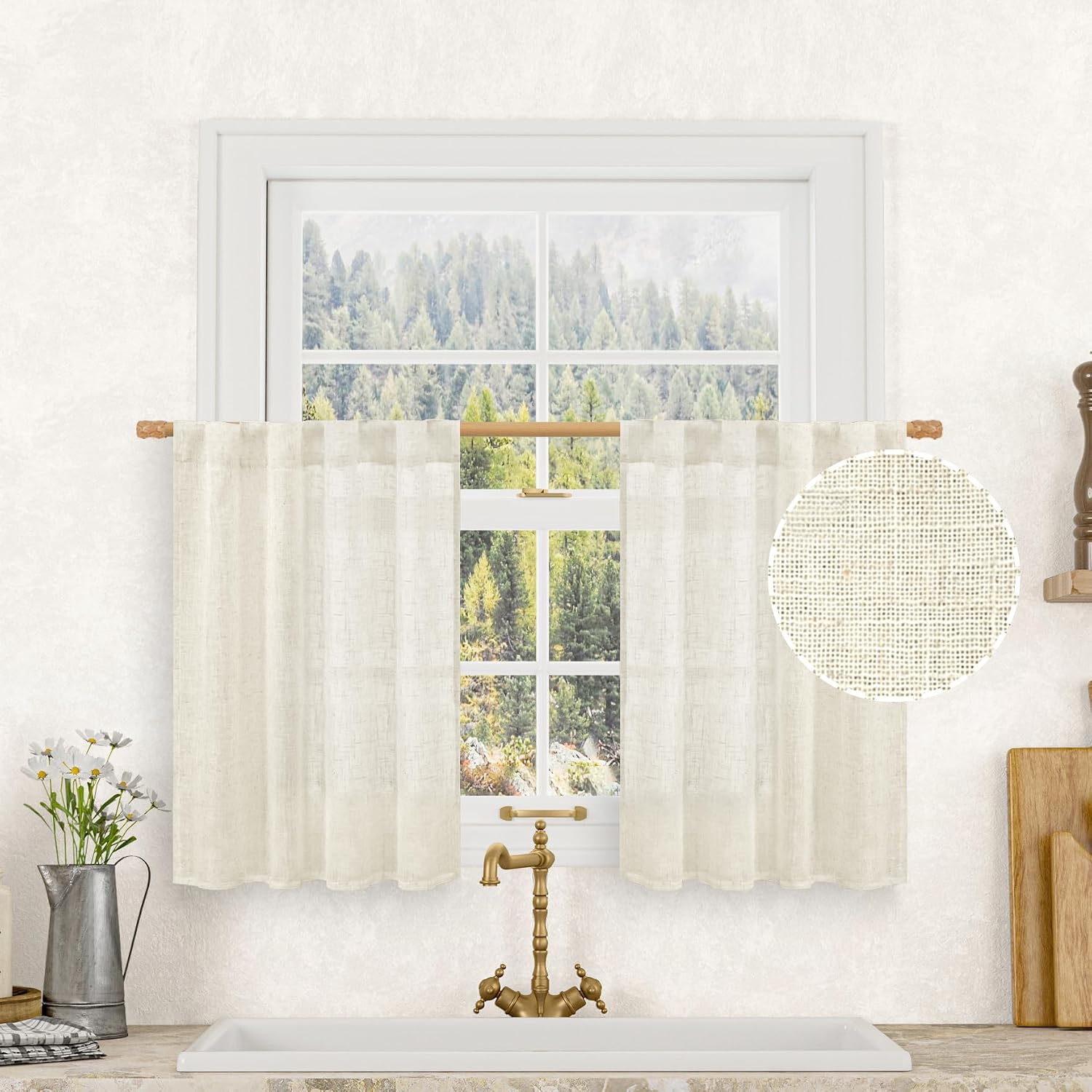 Cream Ivory Linen Light Filtering Cafe Curtains 2 Panels