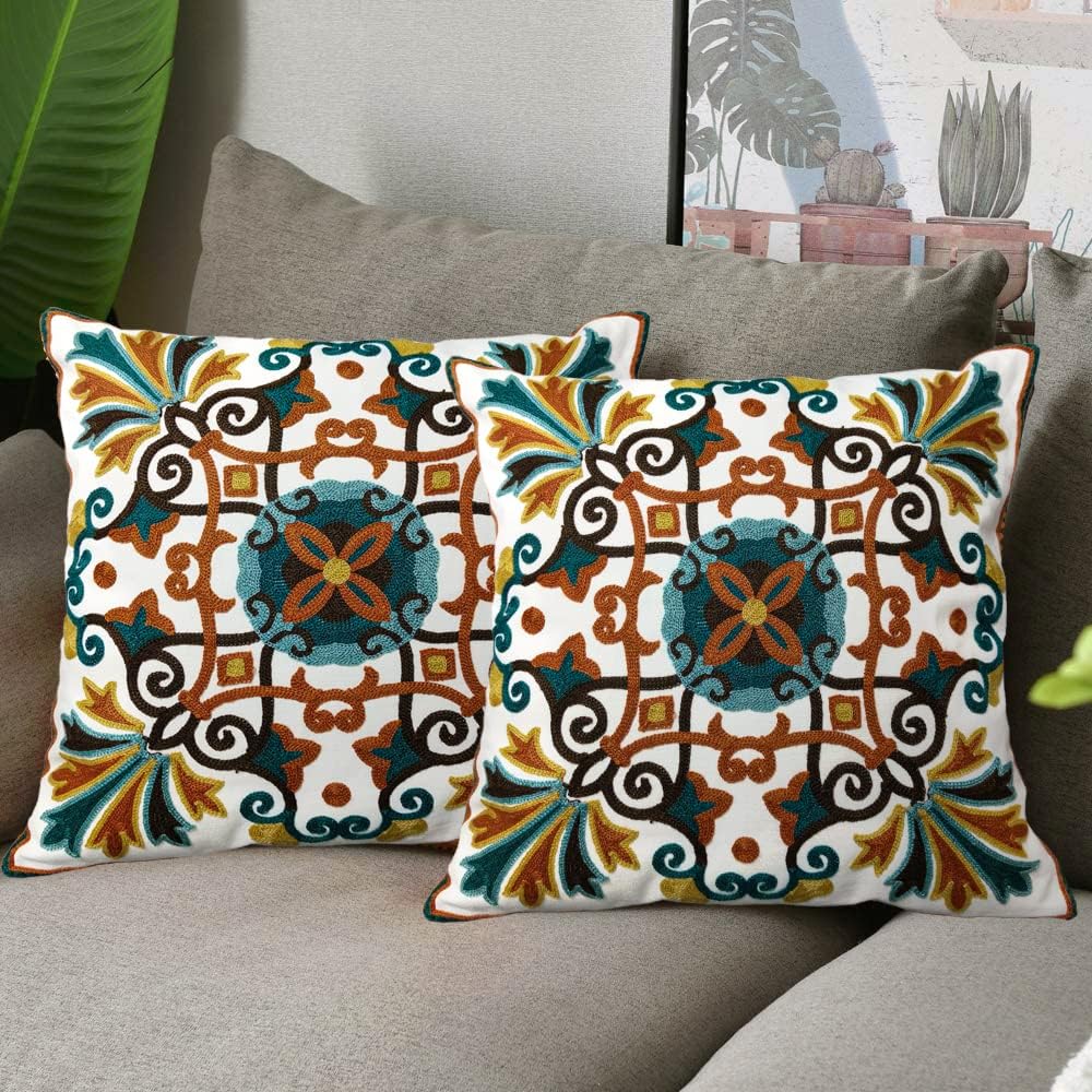 Orange Teal Embroidered Boho Farmhouse Pillow Covers 2 Pack