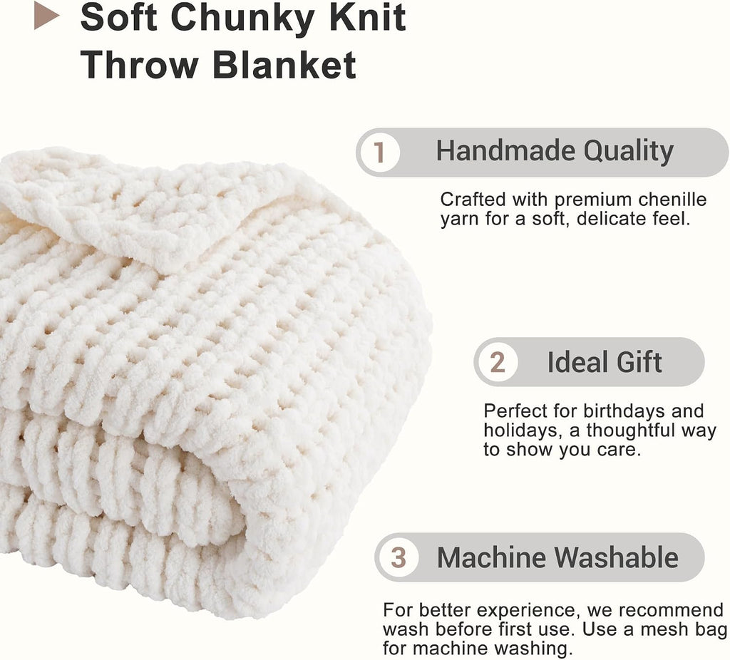 Cream Chenille Cable Knit Throw Blanket