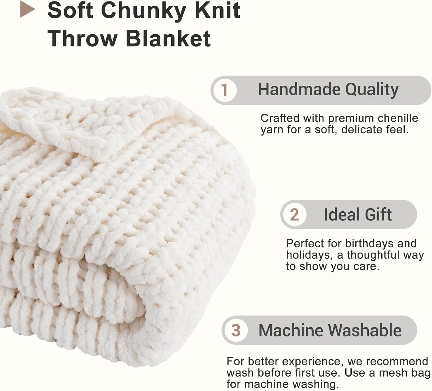 Cream Chenille Cable Knit Throw Blanket