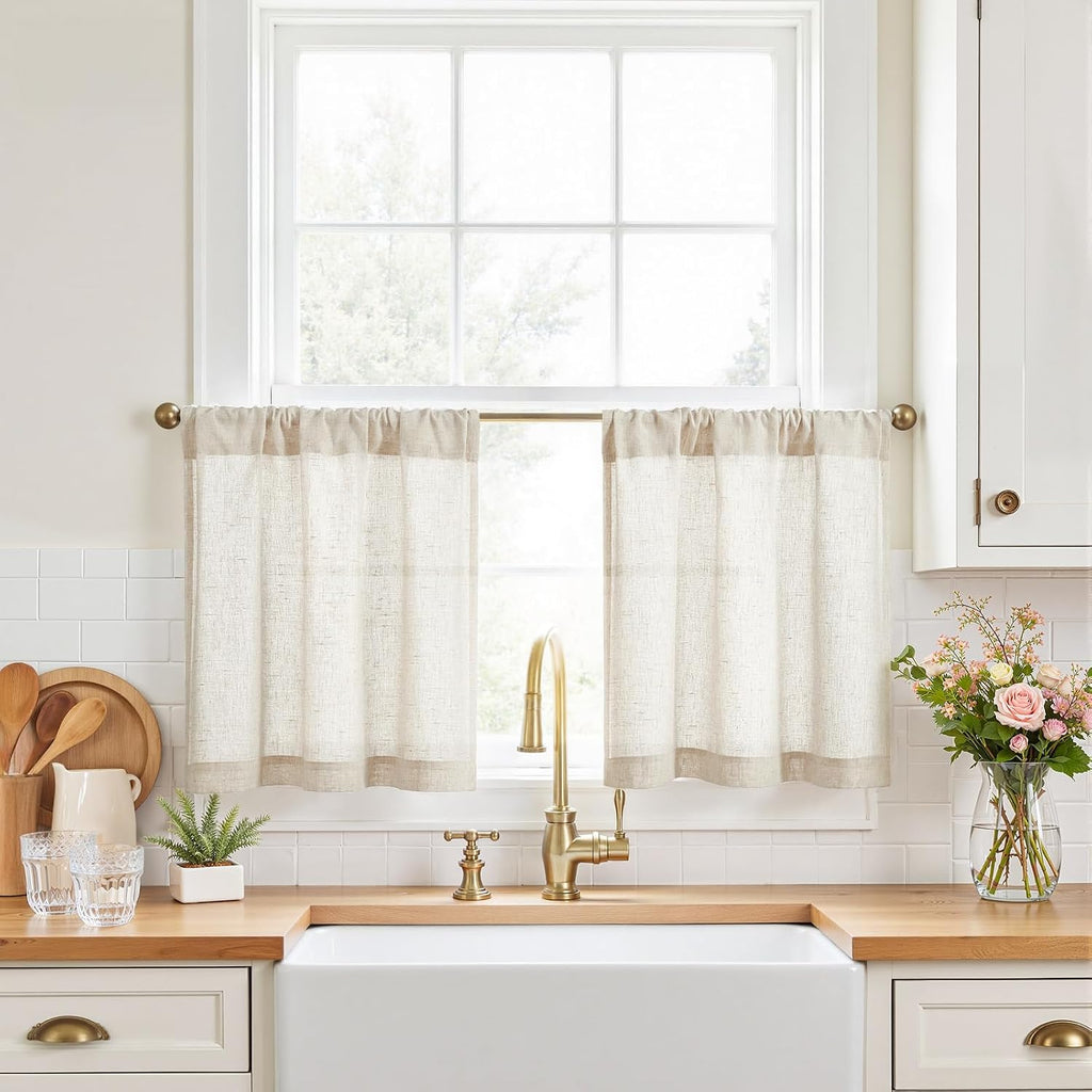 Beige Linen Light Filtering Cafe Curtains 2 Panels