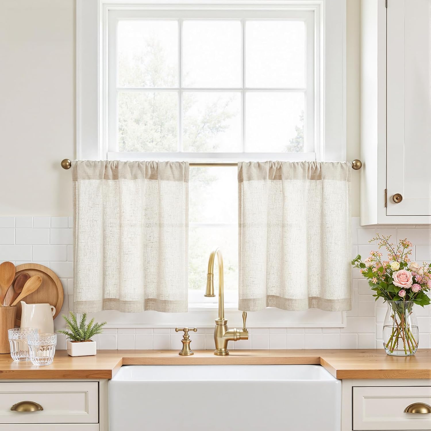Beige Linen Light Filtering Cafe Curtains 2 Panels