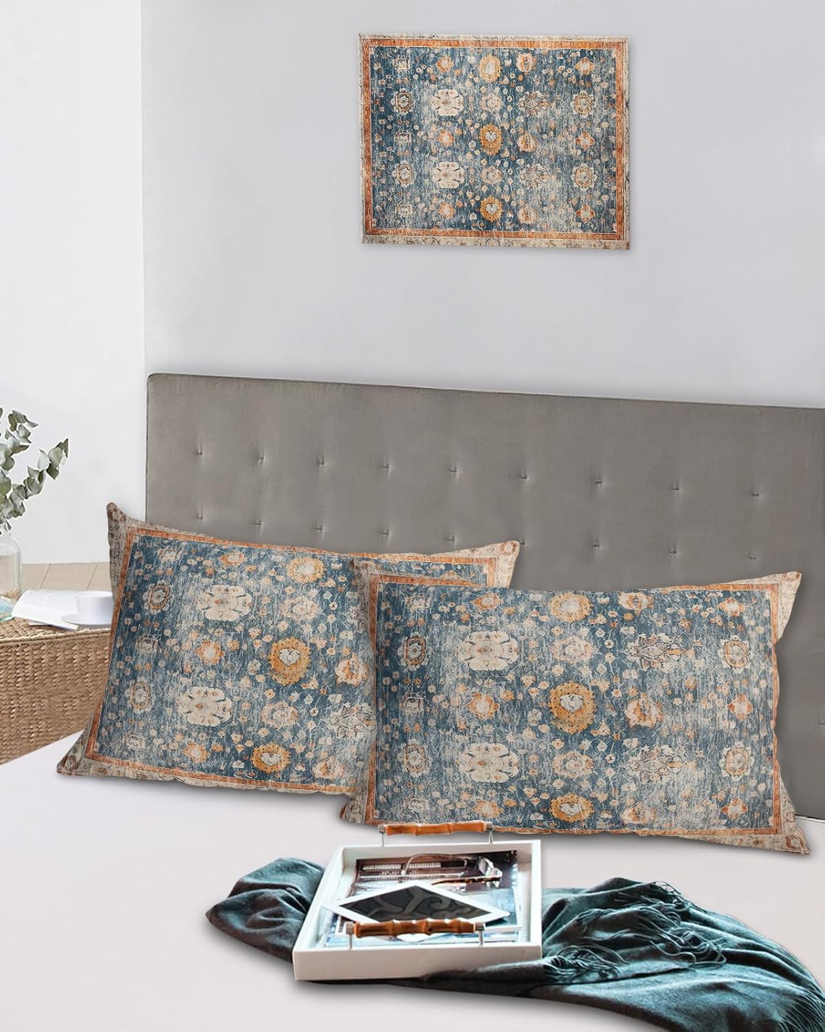 Blue Brown Boho Geometric Floral King Pillow Shams 2 Pack
