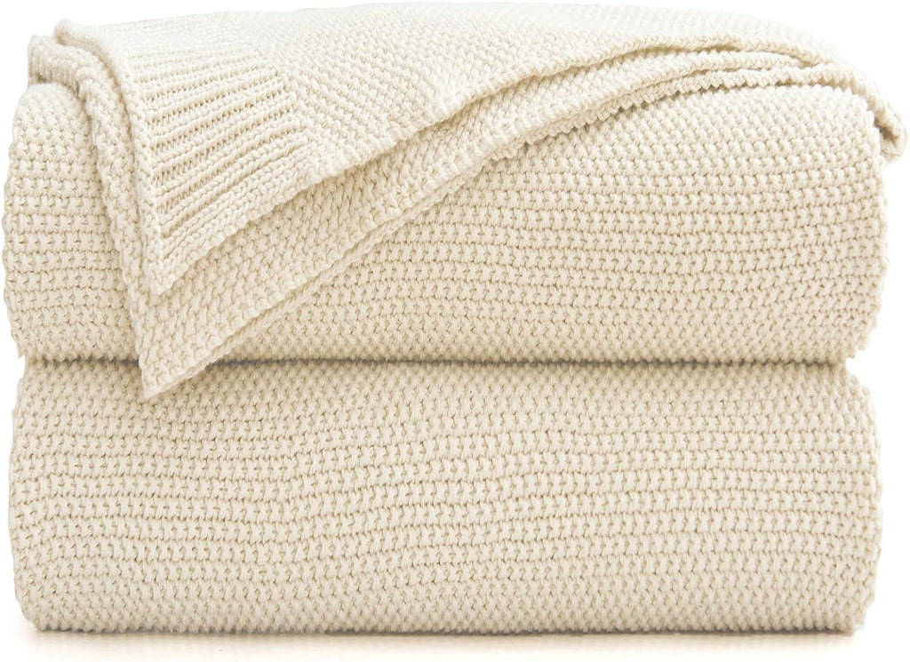 Beige Cotton Cable Knit Throw Blanket