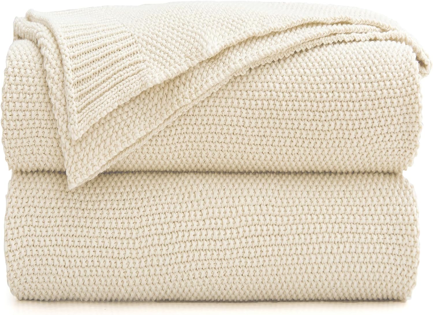 Beige Cotton Cable Knit Throw Blanket