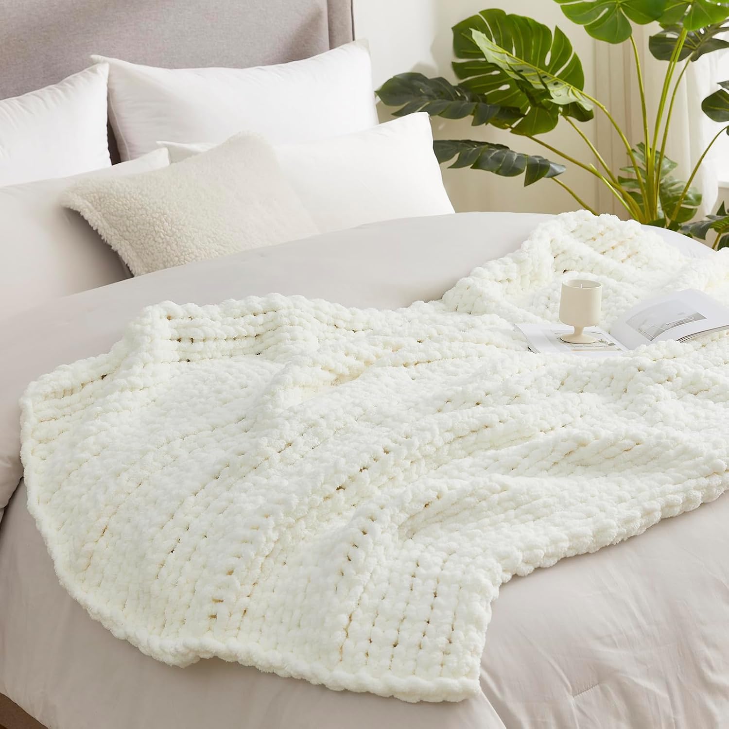 Ivory Chenille Chunky Knit Throw Blanket