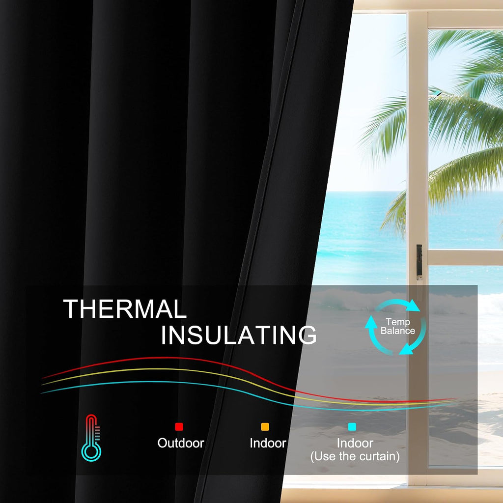 Black Thermal Blackout Kitchen Curtains 2 Panels