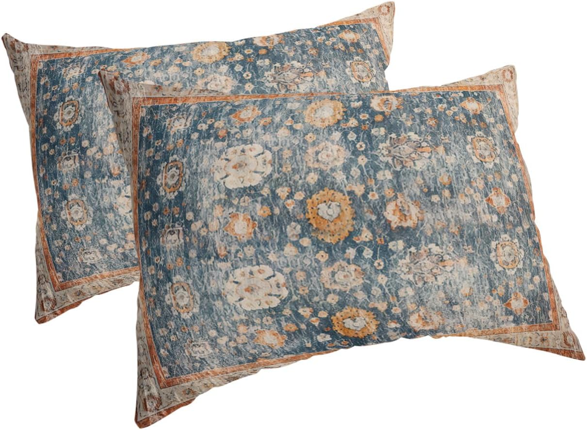 Blue Brown Boho Geometric Floral King Pillow Shams 2 Pack