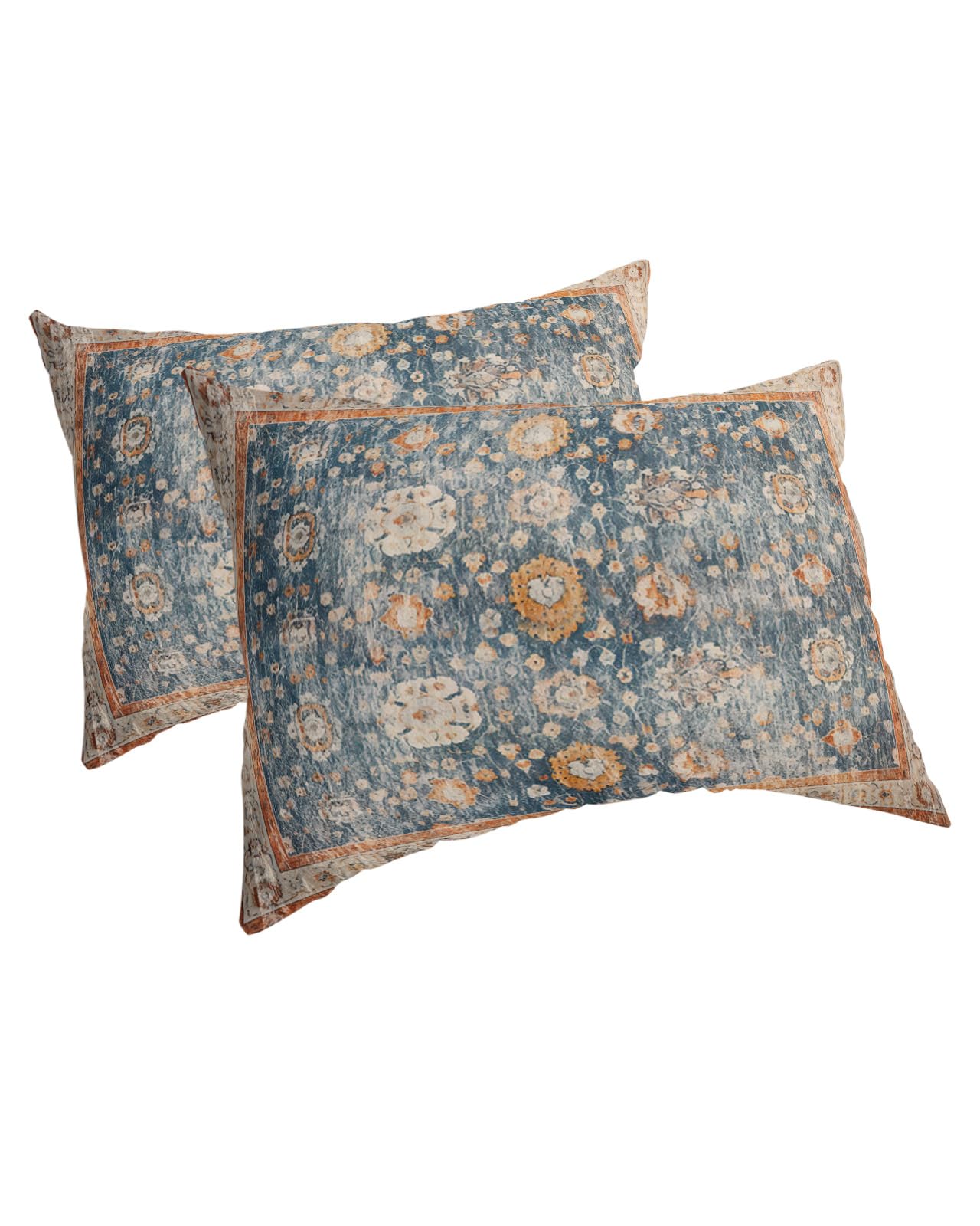 Blue Brown Boho Geometric Floral King Pillow Shams 2 Pack