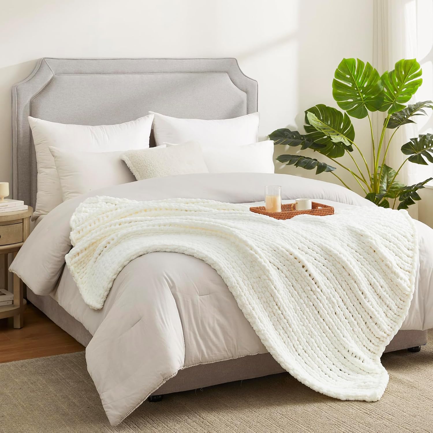 Ivory Chenille Chunky Knit Throw Blanket