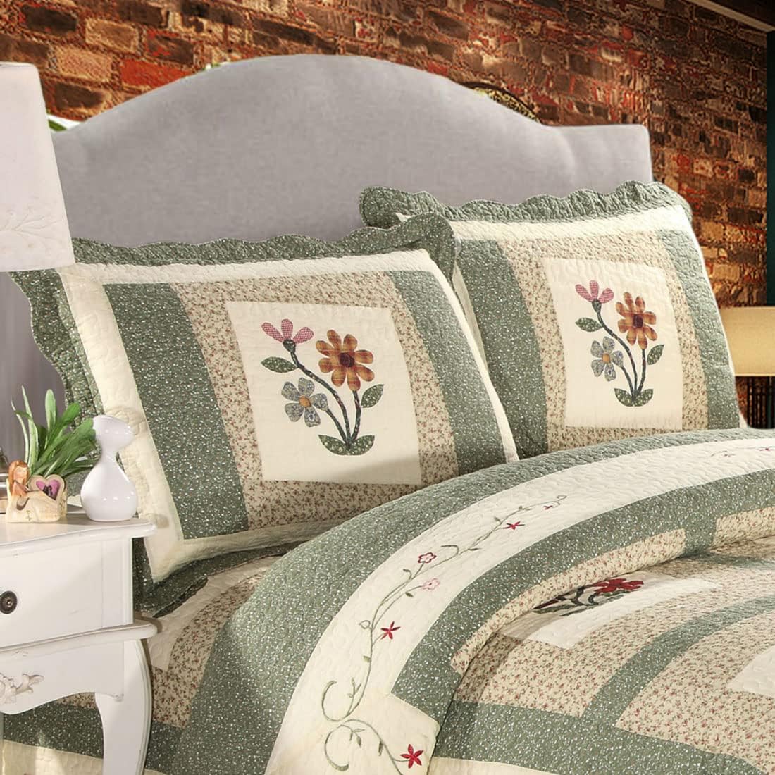 Green Floral Patchwork Cotton Queen Pillow Shams 2 Pack