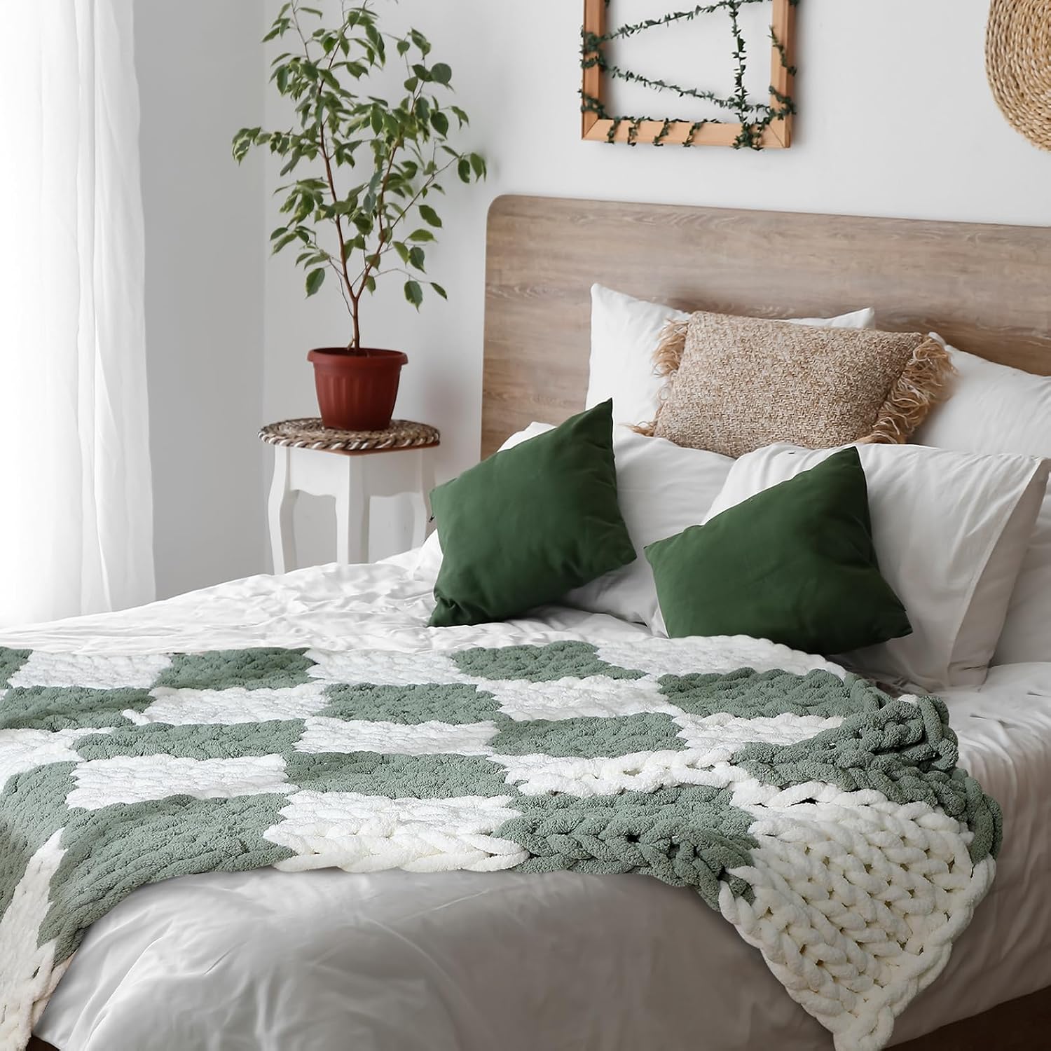 Ivory Sage Checkered Knit Throw Blanket