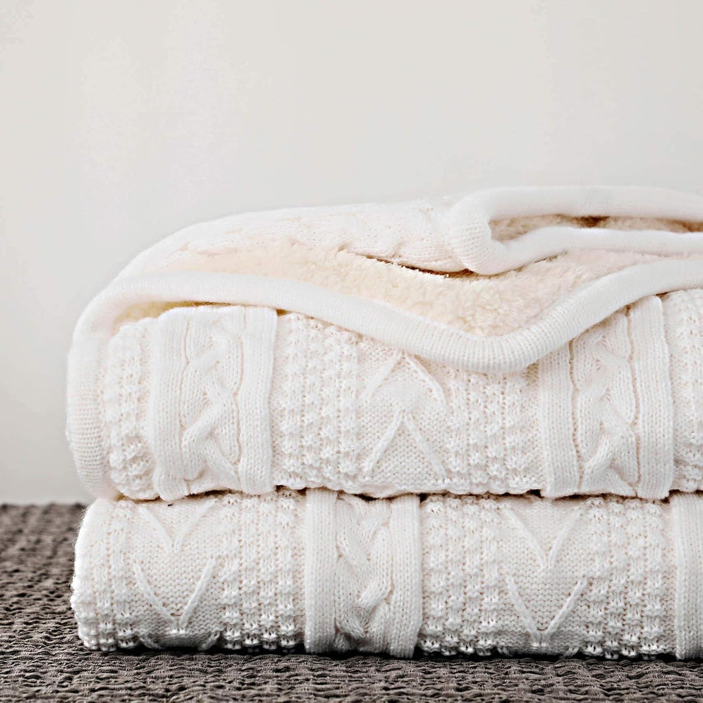Ivory Sherpa Lined Cable Knit Throw Blanket