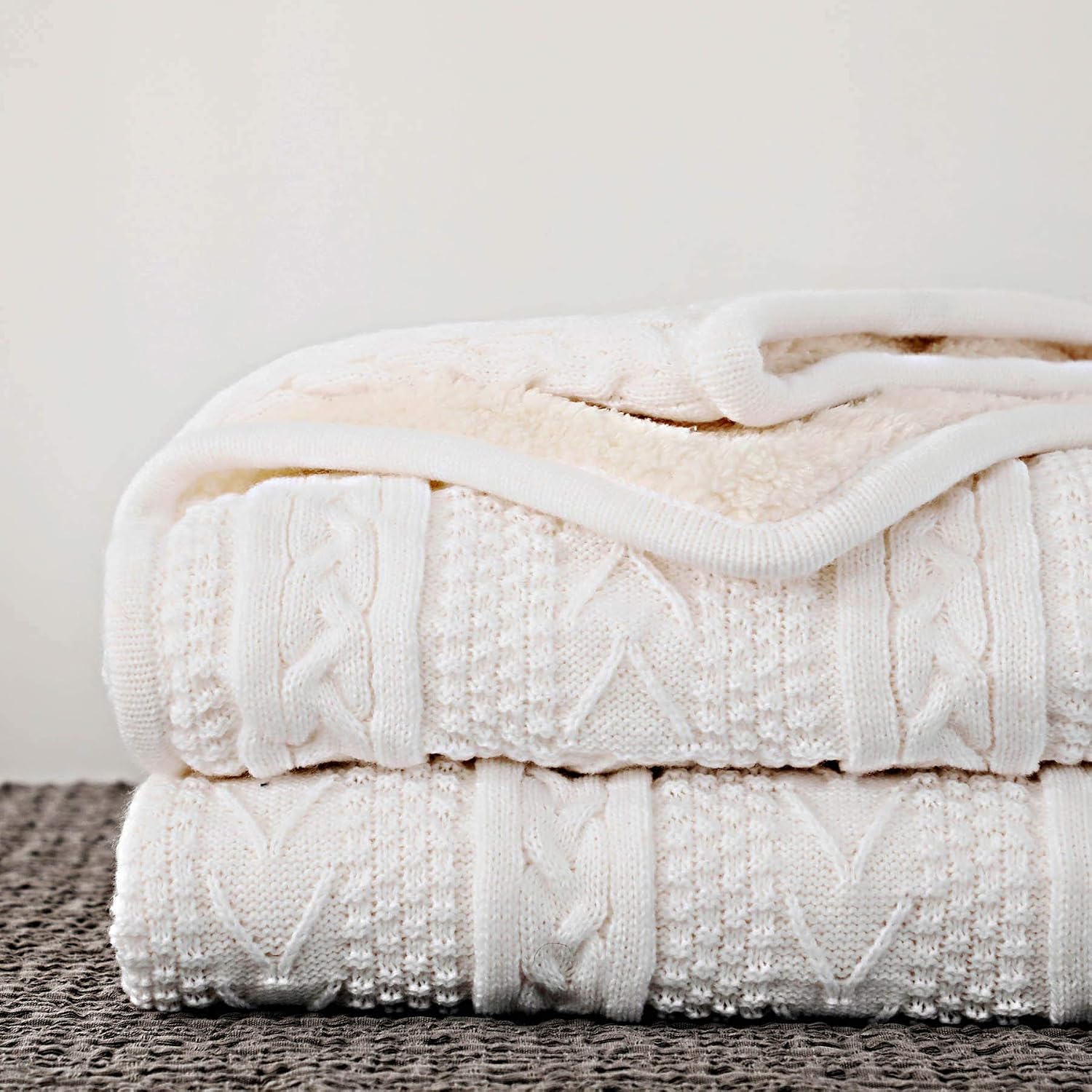 Ivory Sherpa Lined Cable Knit Throw Blanket