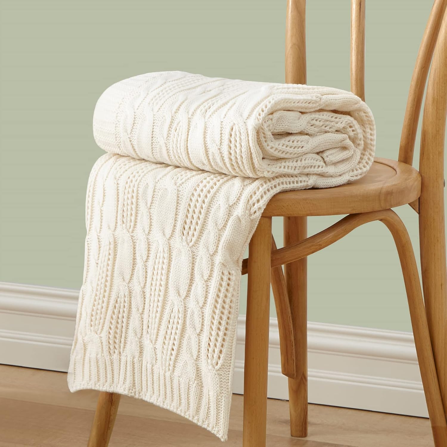 Cream White Acrylic Cable Knit Throw Blanket