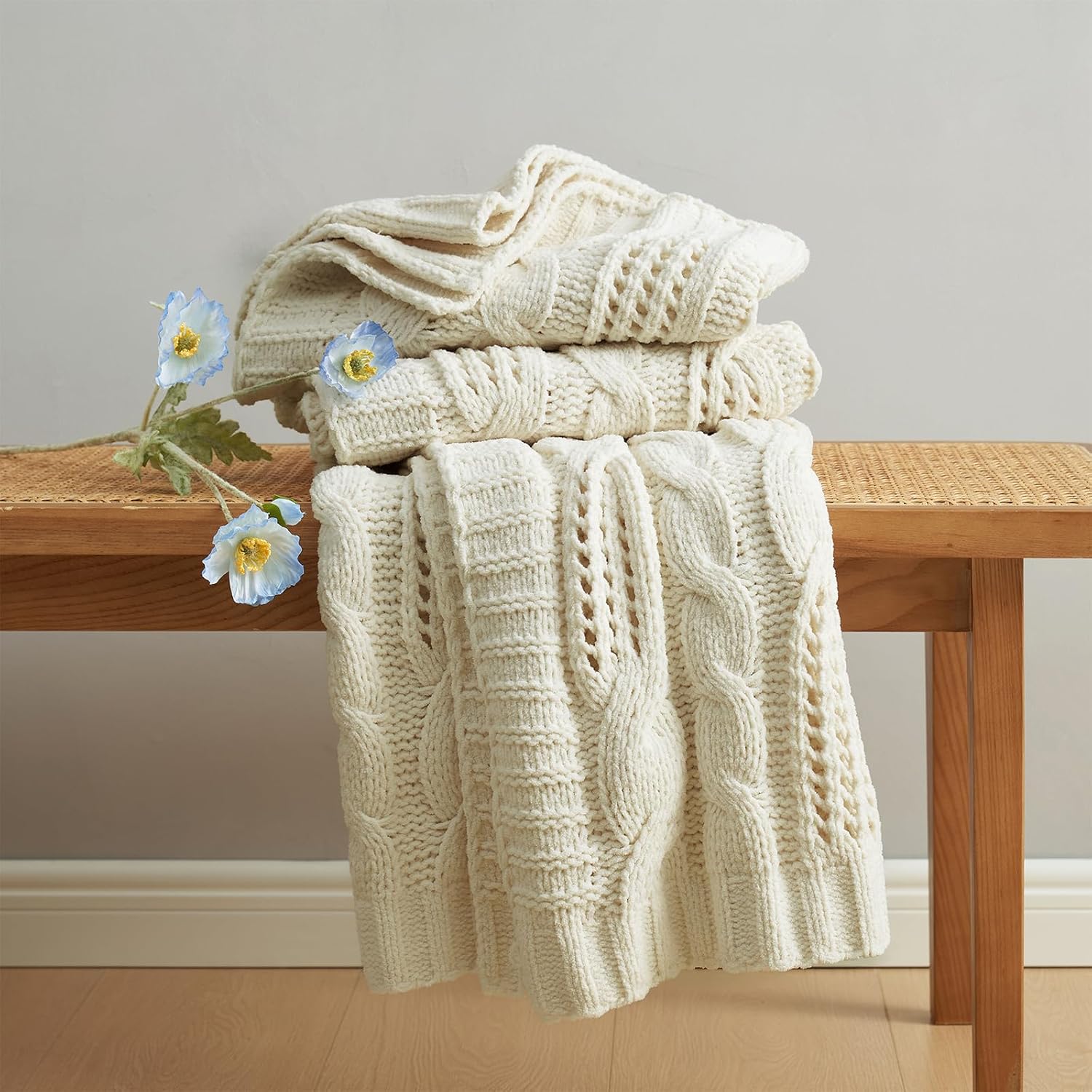 Ivory Dual Sided Chenille Cable Knit Throw Blanket