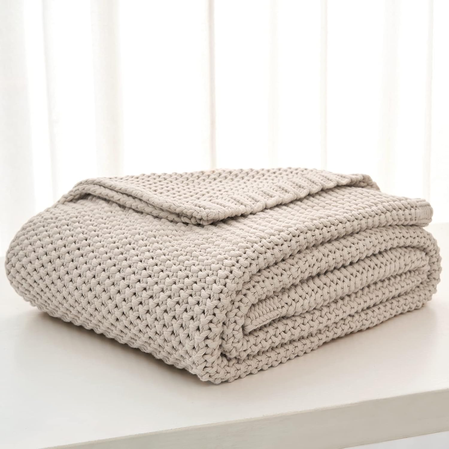 Beige Organic Cotton Cable Knit Throw Blanket