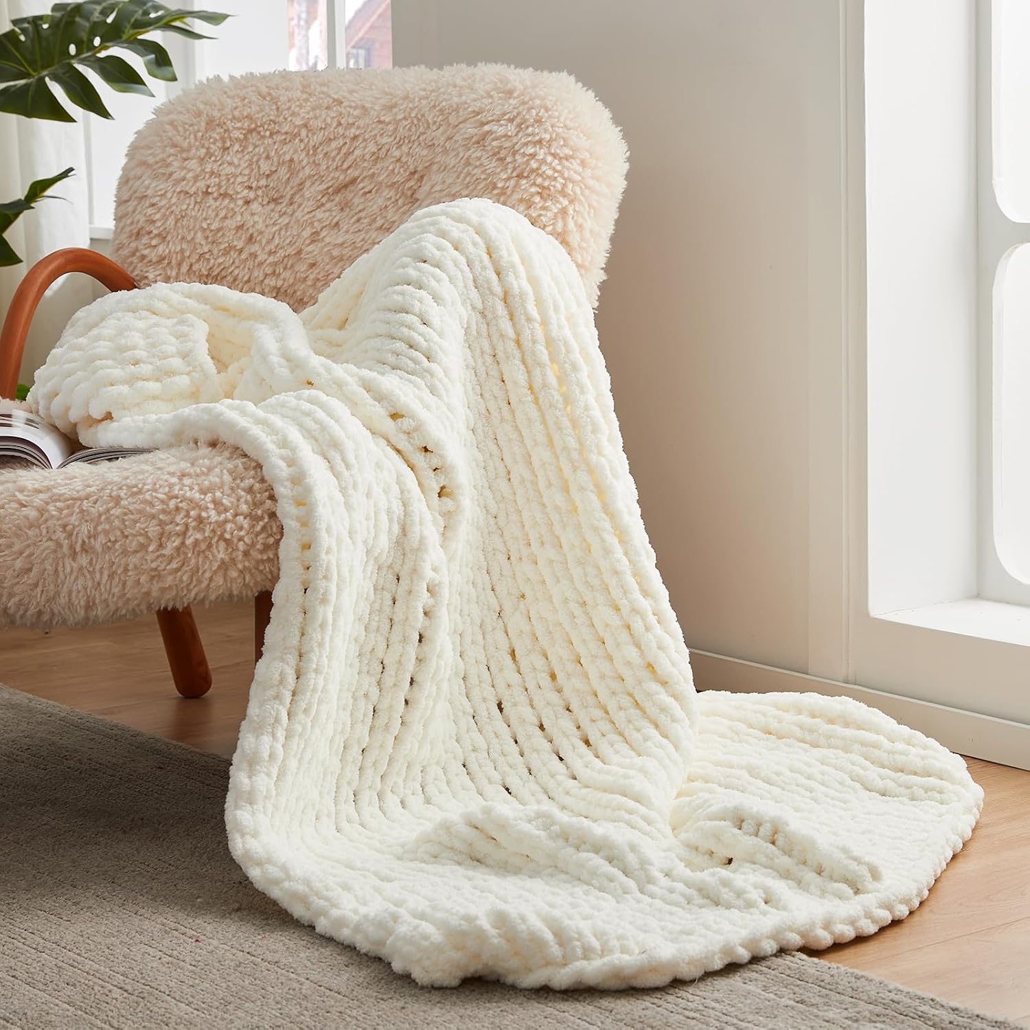 Ivory Chenille Chunky Knit Throw Blanket