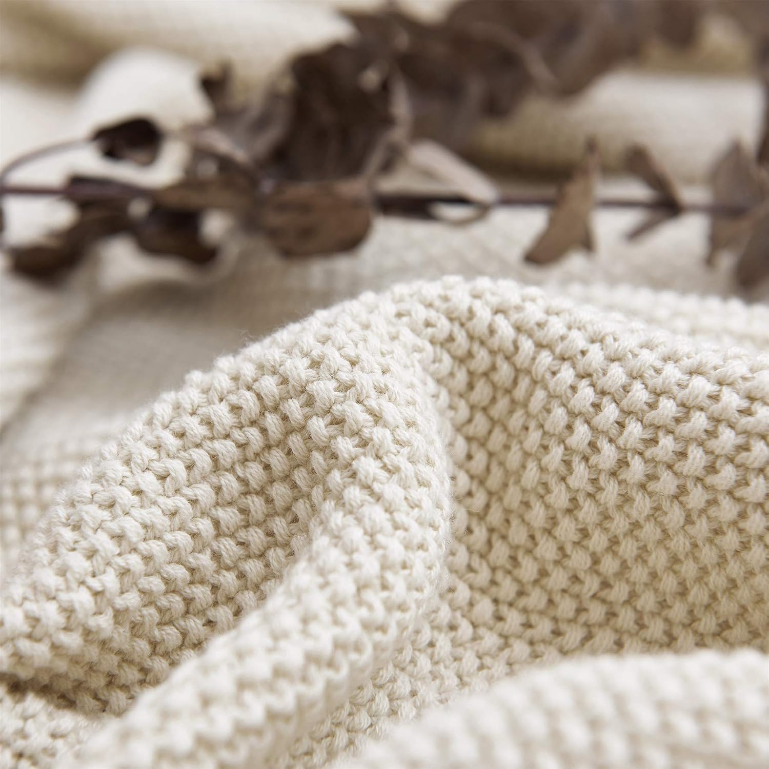Beige Cotton Cable Knit Throw Blanket