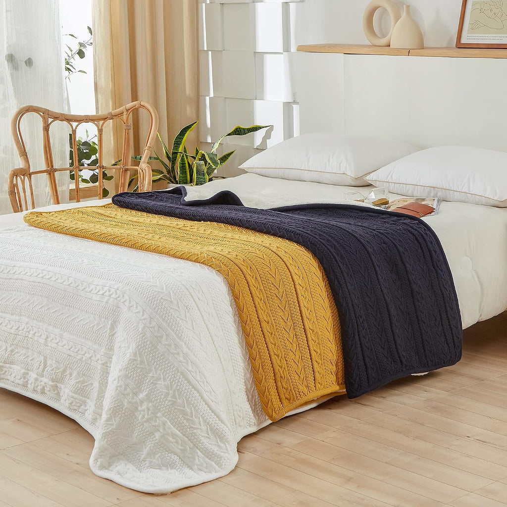 Ivory Sherpa Lined Cable Knit Throw Blanket