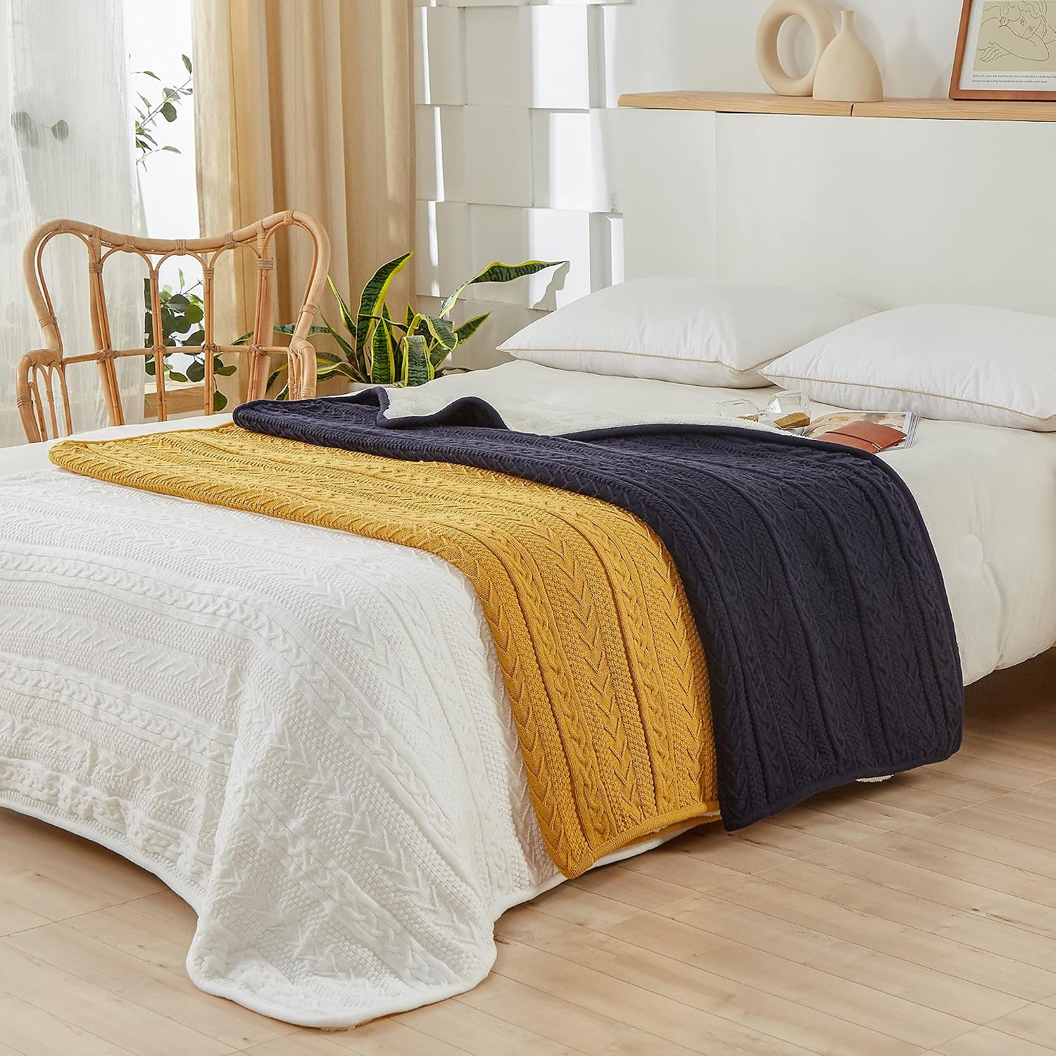 Ivory Sherpa Lined Cable Knit Throw Blanket