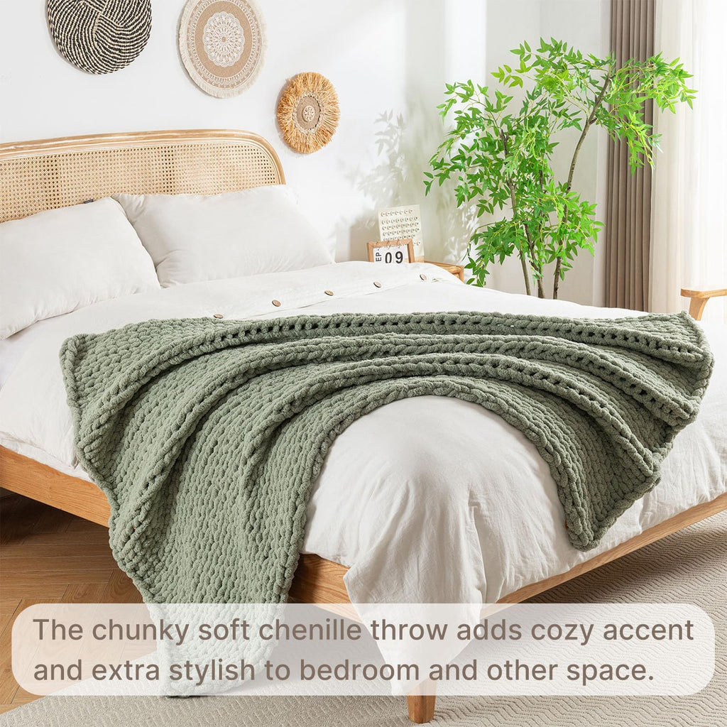 Sage Green Chenille Cable Knit Throw Blanket