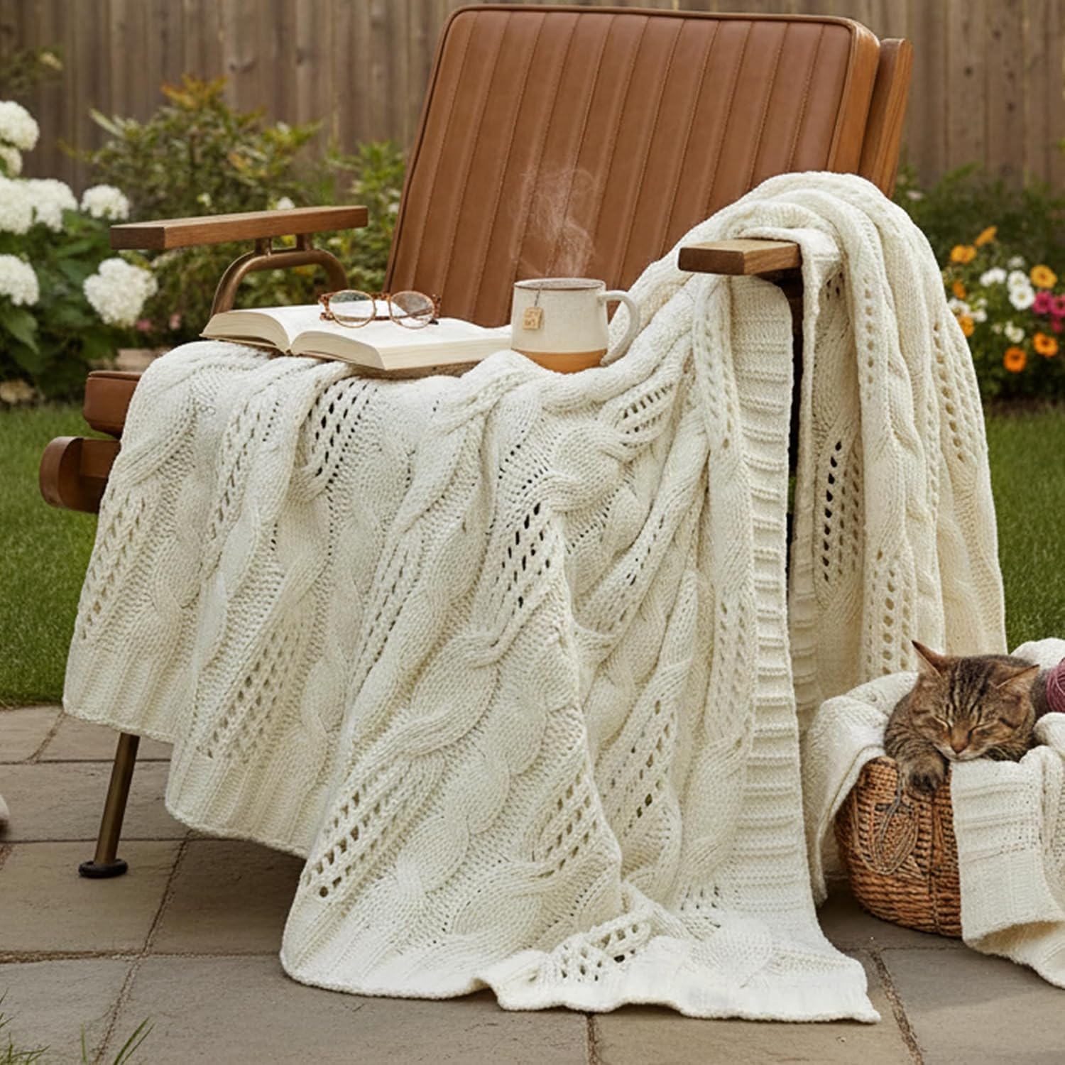 Ivory Dual Sided Chenille Cable Knit Throw Blanket