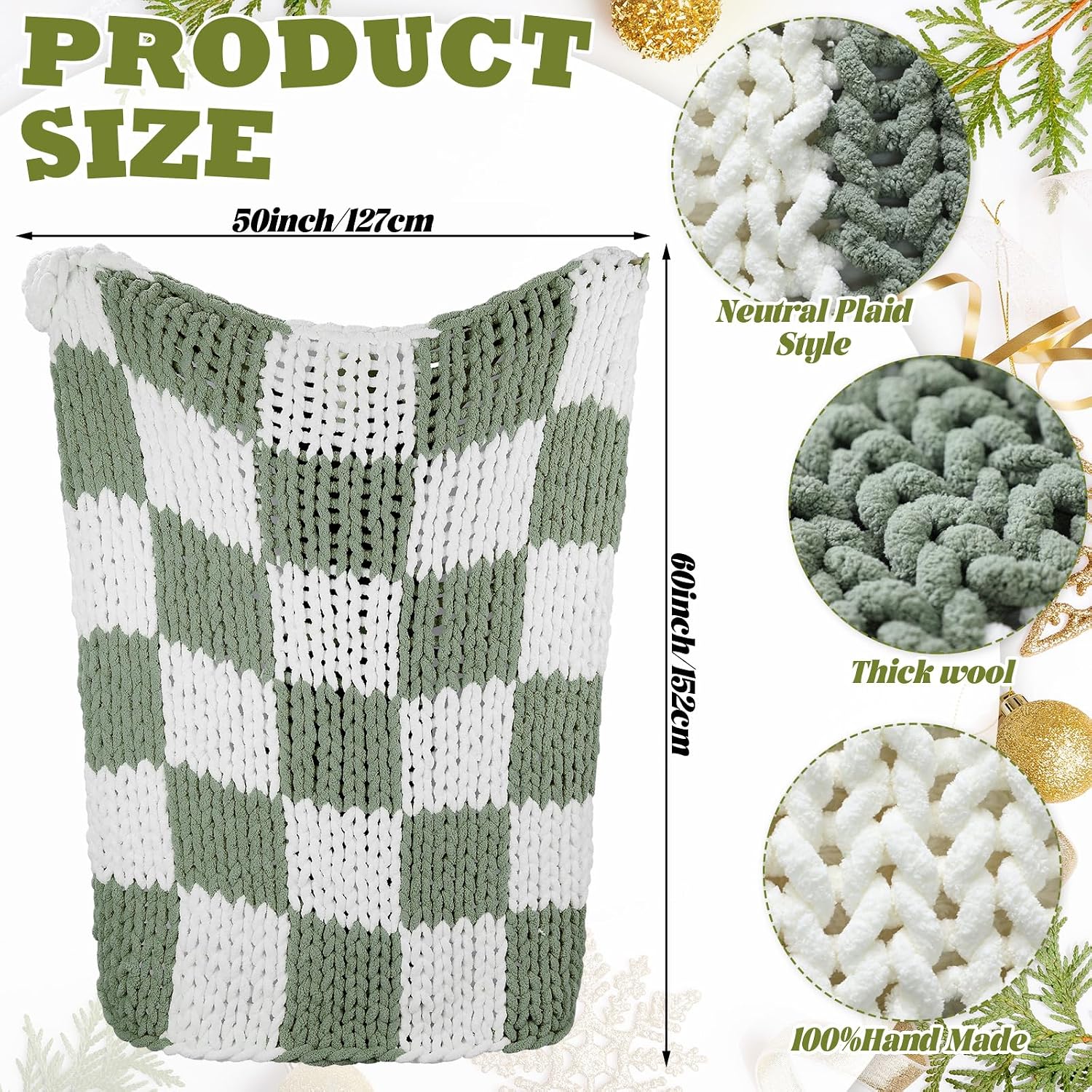 Ivory Sage Checkered Knit Throw Blanket