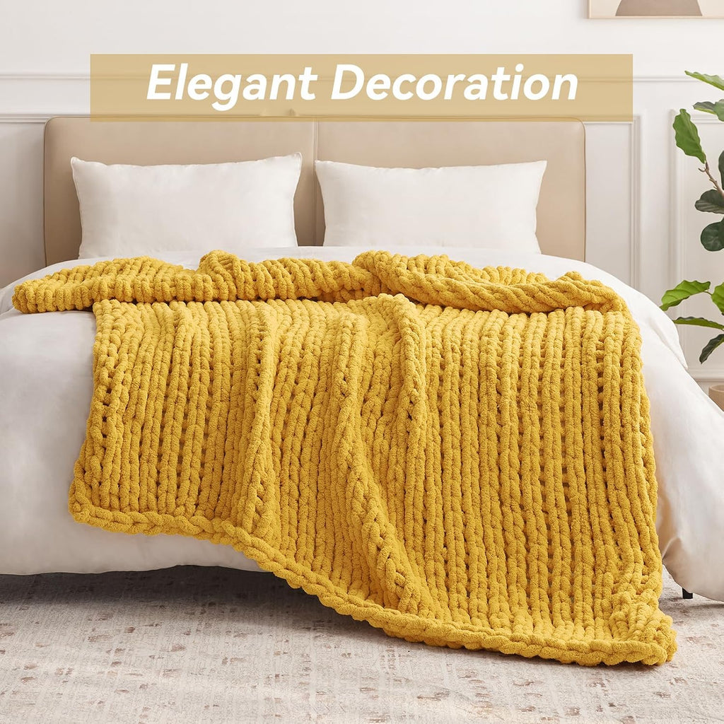 Yellow Chenille Chunky Knit Throw Blanket
