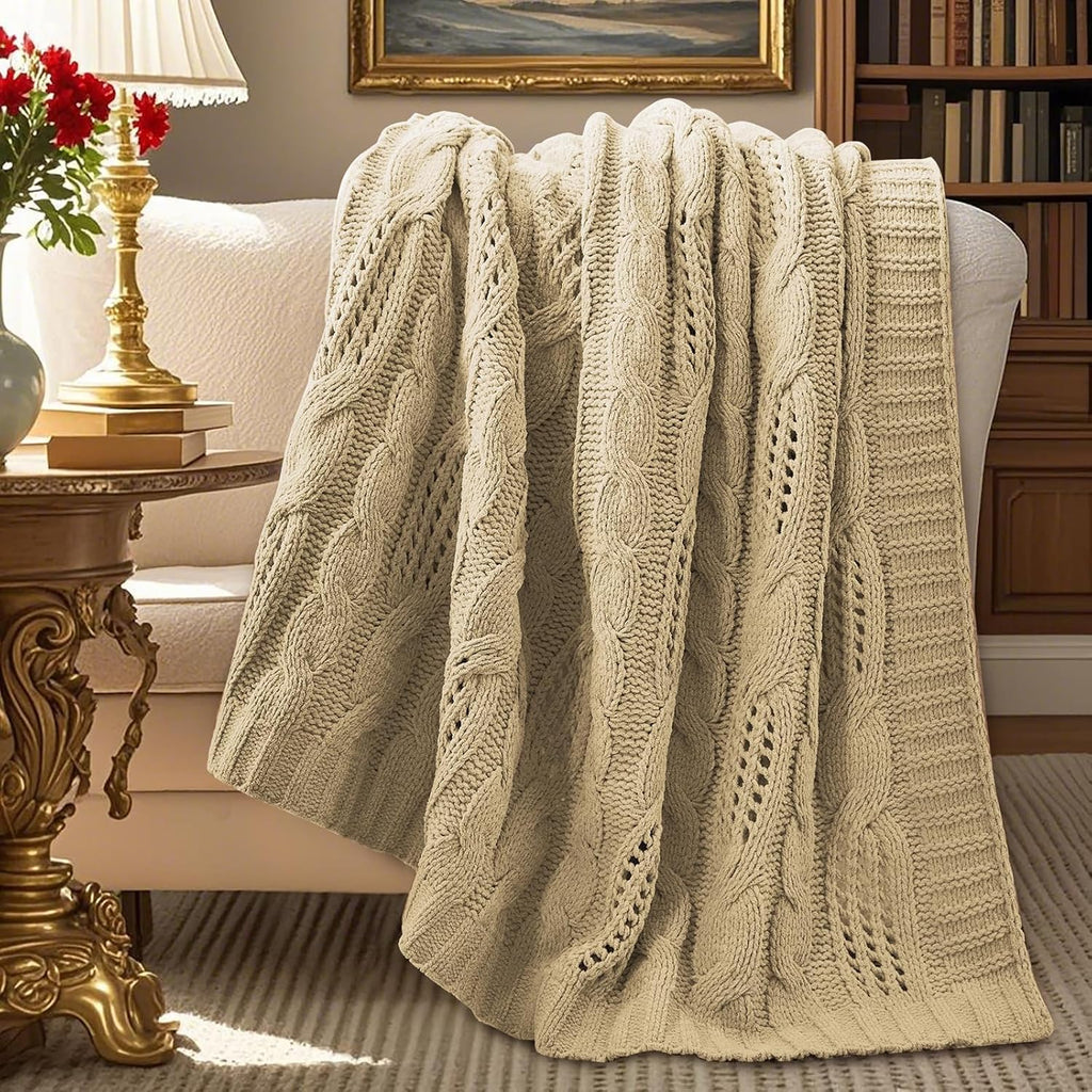 Beige Dual Sided Chenille Cable Knit Throw Blanket