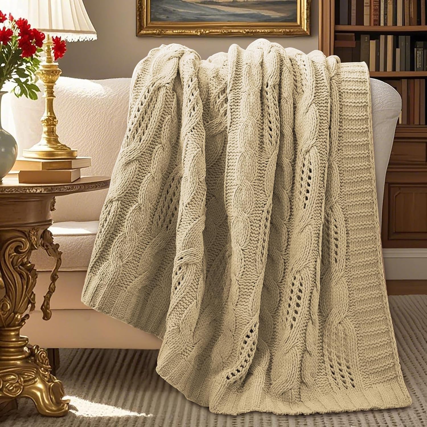 Beige Dual Sided Chenille Cable Knit Throw Blanket