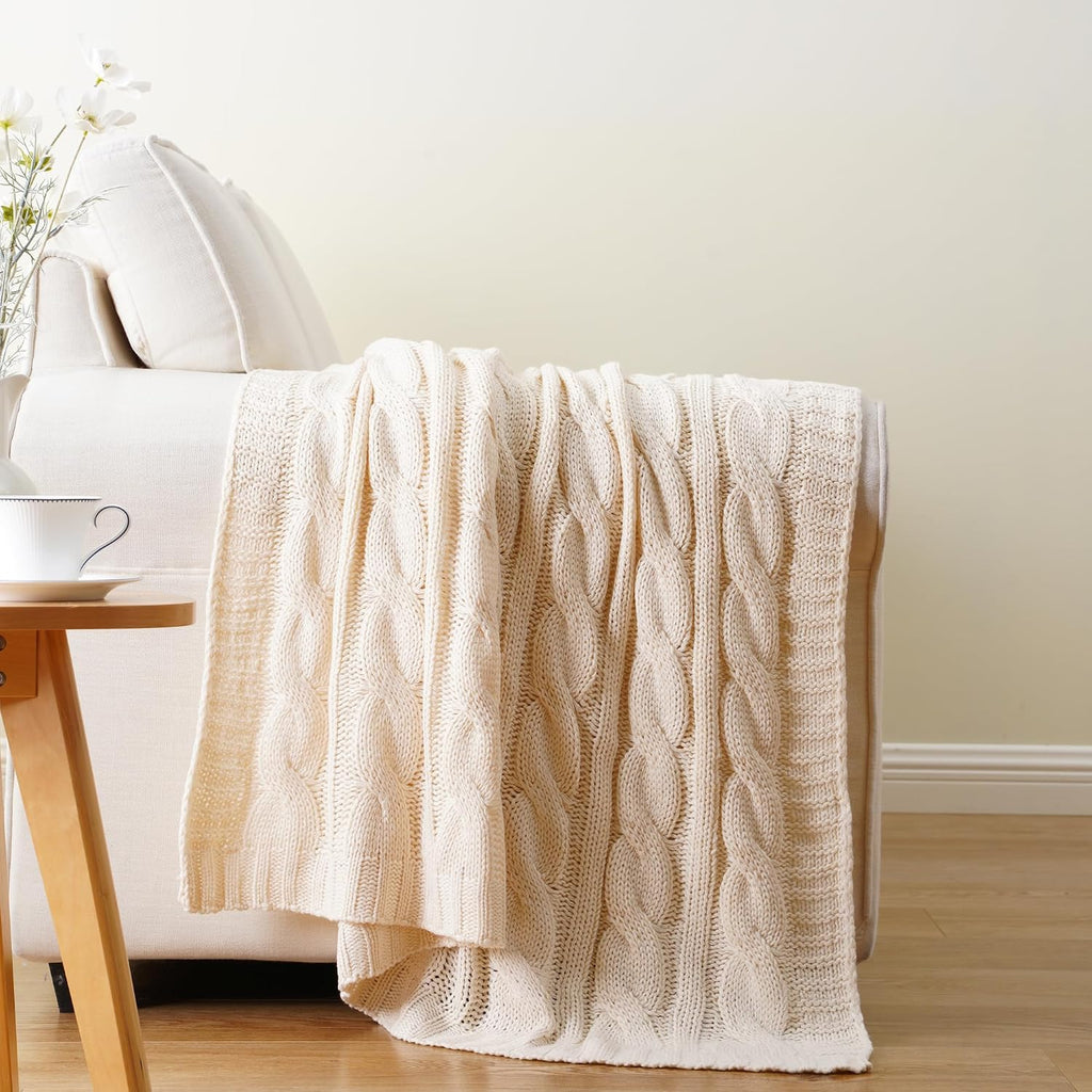 Cream Ivory Cable Knit Throw Blanket