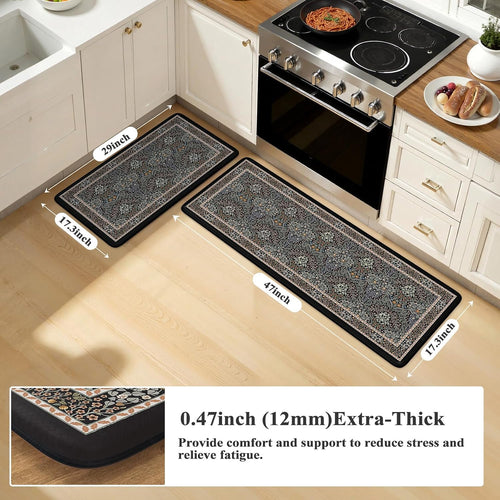 Black Multi Floral Anti Fatigue Kitchen Mats 2 Pack