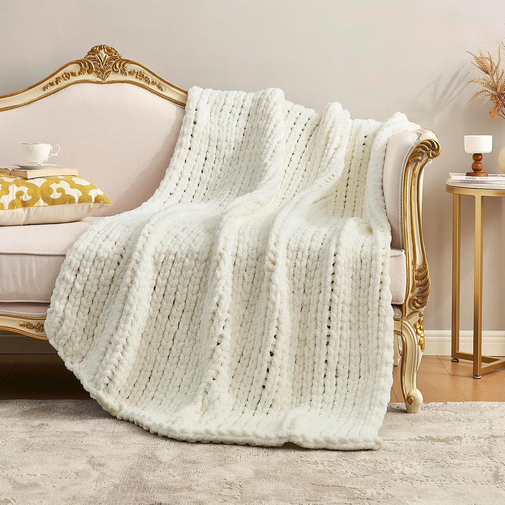 Ivory Chenille Chunky Knit Throw Blanket