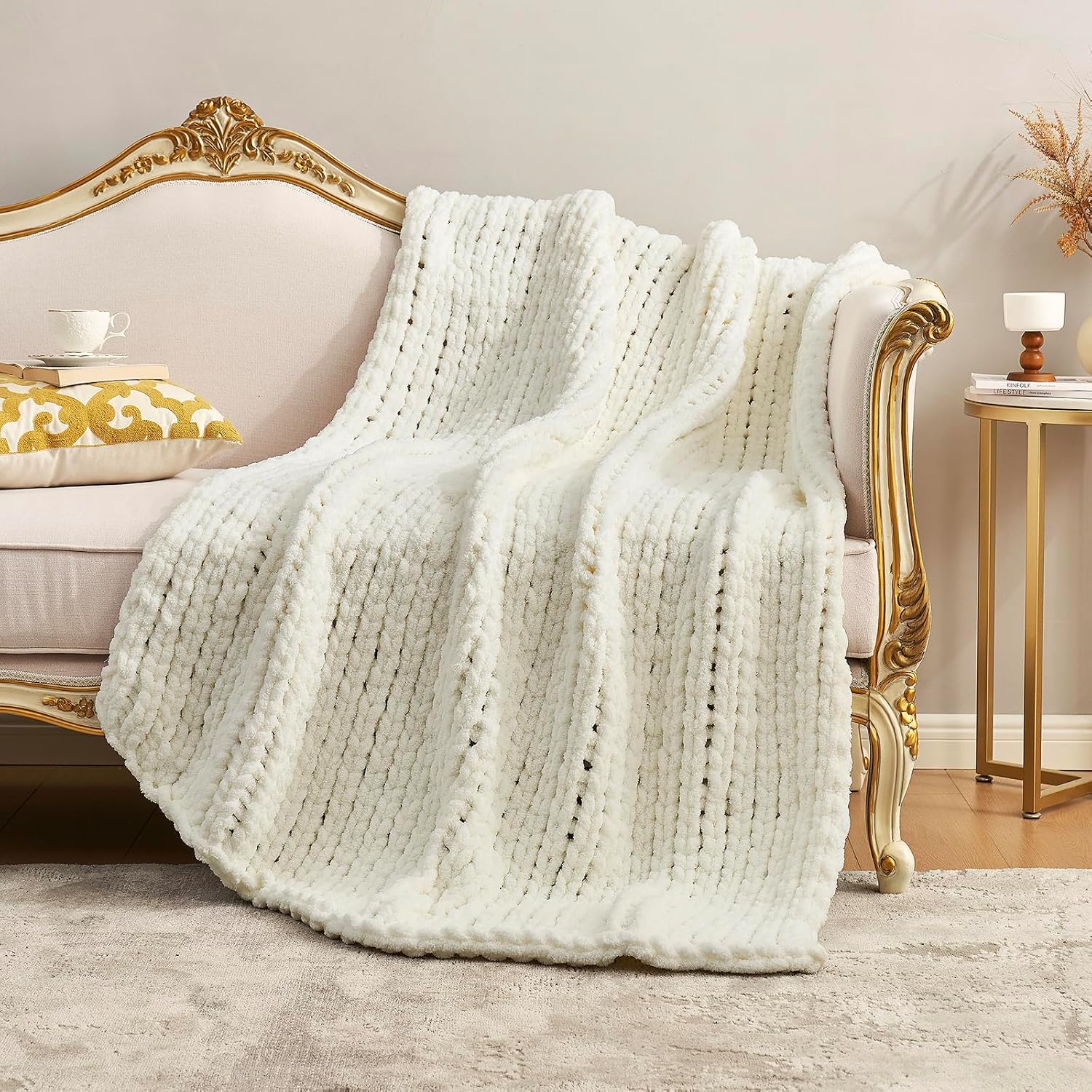 Ivory Chenille Chunky Knit Throw Blanket