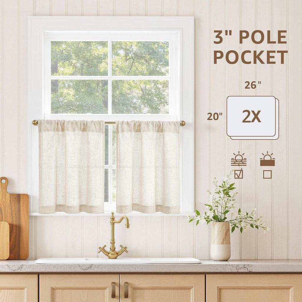 Beige Linen Light Filtering Cafe Curtains 2 Panels