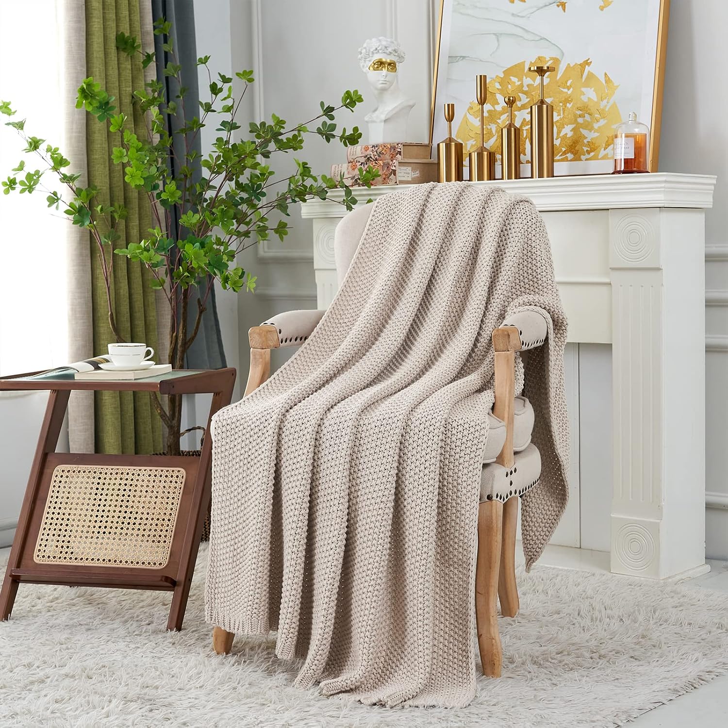 Beige Organic Cotton Cable Knit Throw Blanket