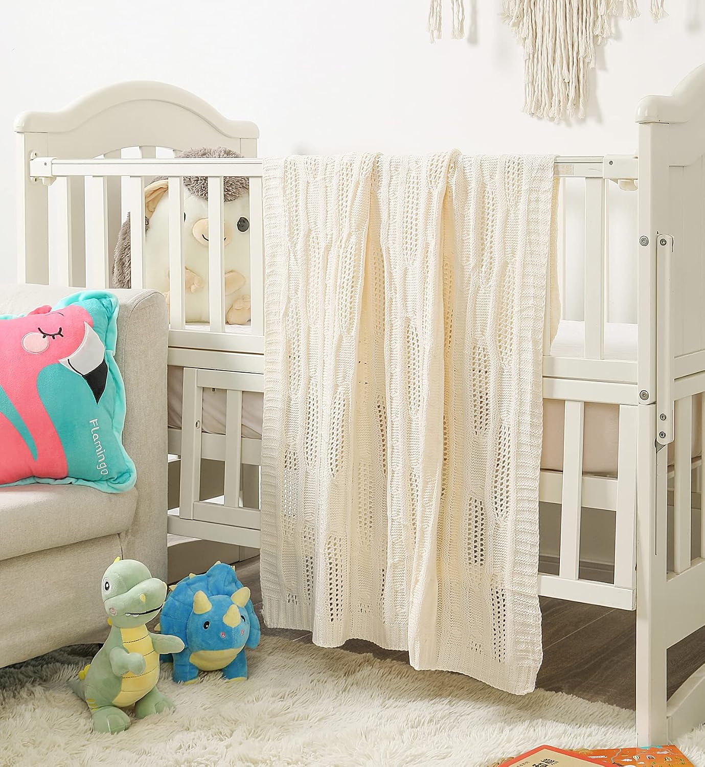 Cream White Acrylic Cable Knit Throw Blanket