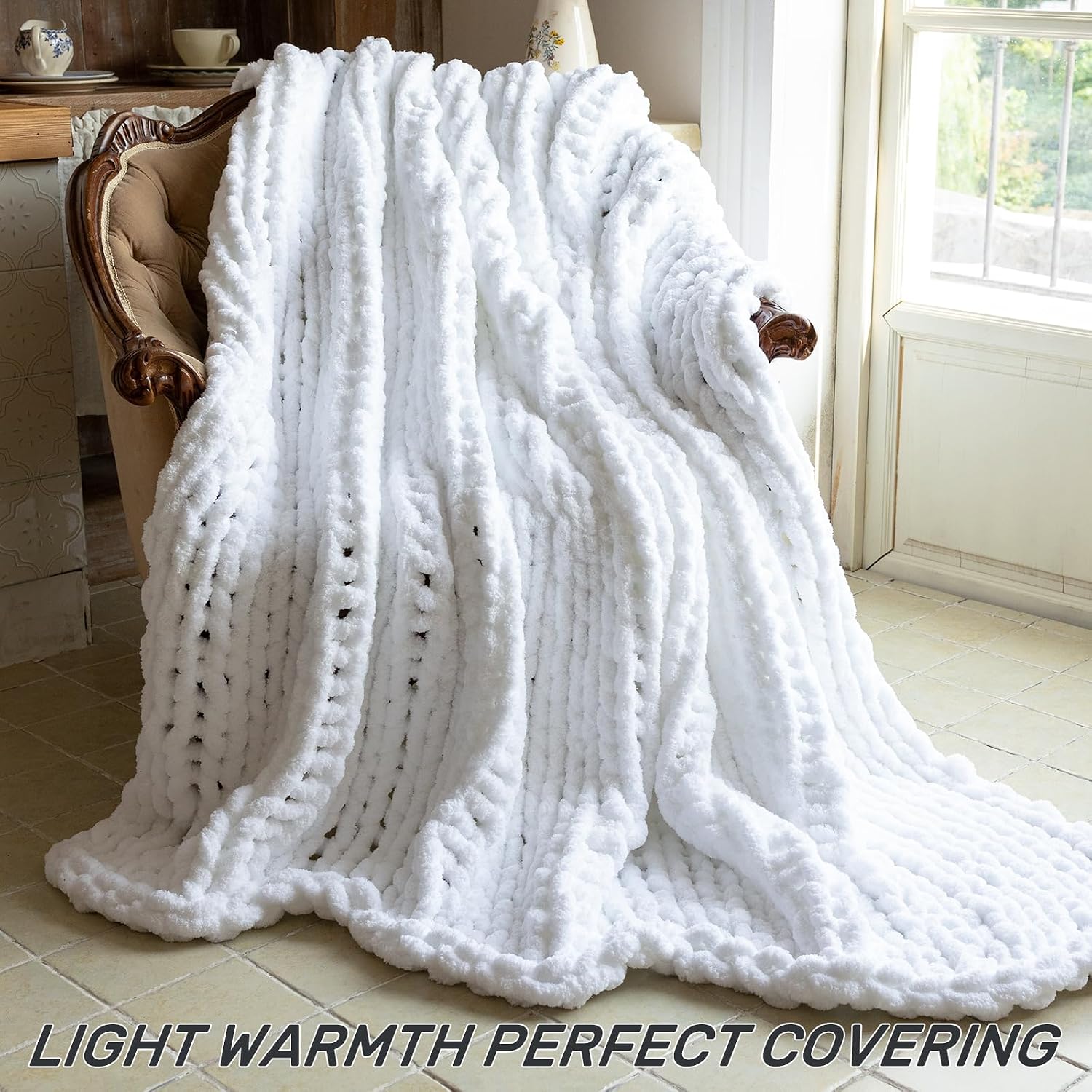 White Rope Knot Chunky Knit Throw Blanket
