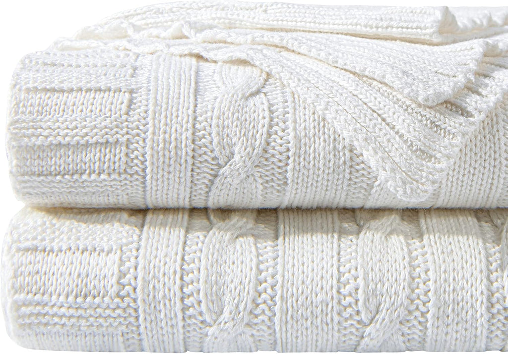 White Pure Cotton Cable Knit Throw Blanket