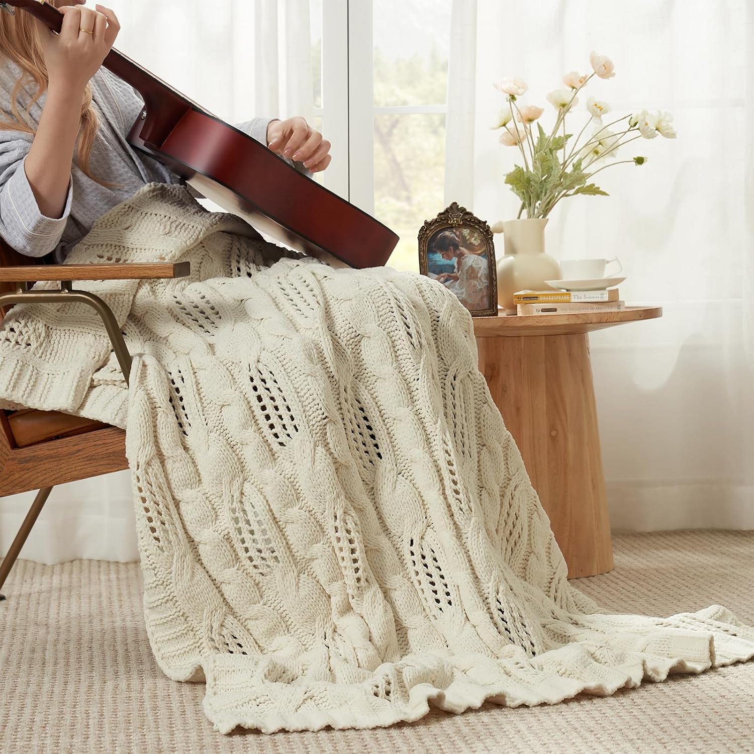 Ivory Dual Sided Chenille Cable Knit Throw Blanket