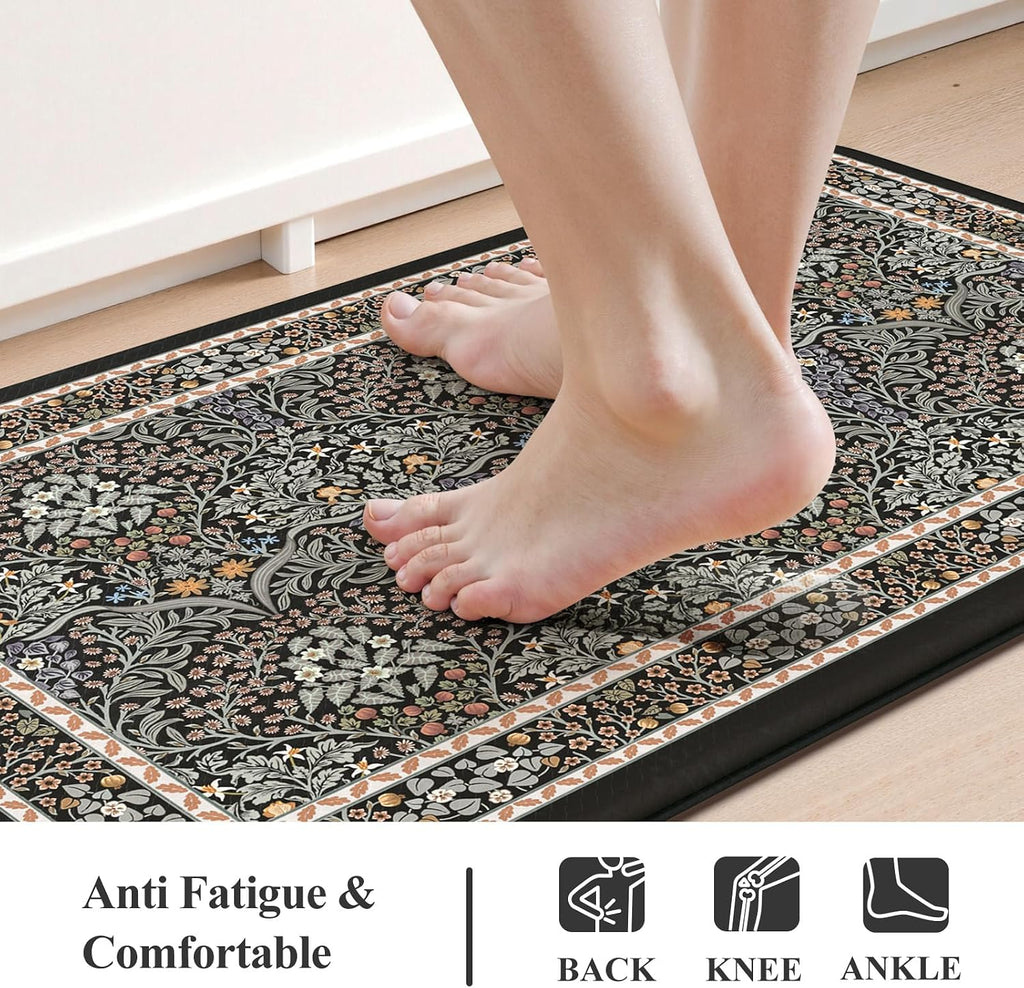 Black Multi Floral Anti Fatigue Kitchen Mats 2 Pack