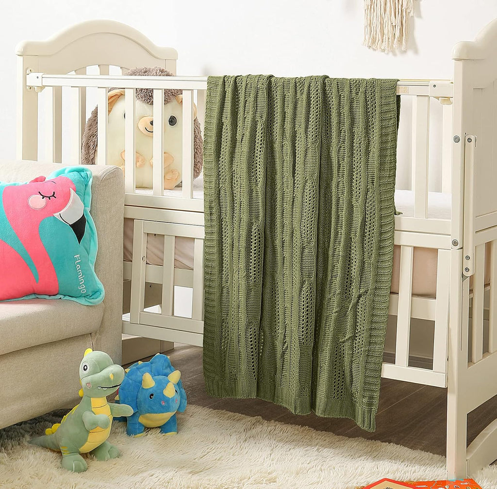 Olive Green Acrylic Cable Knit Throw Blanket