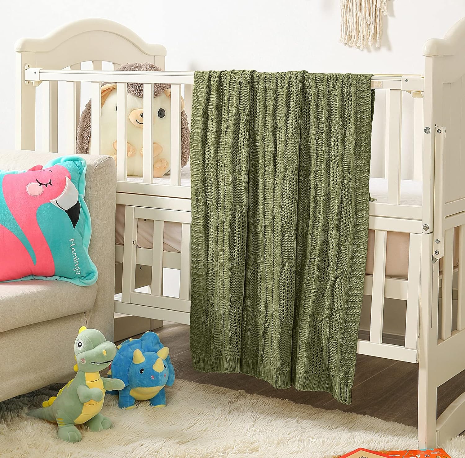 Olive Green Acrylic Cable Knit Throw Blanket