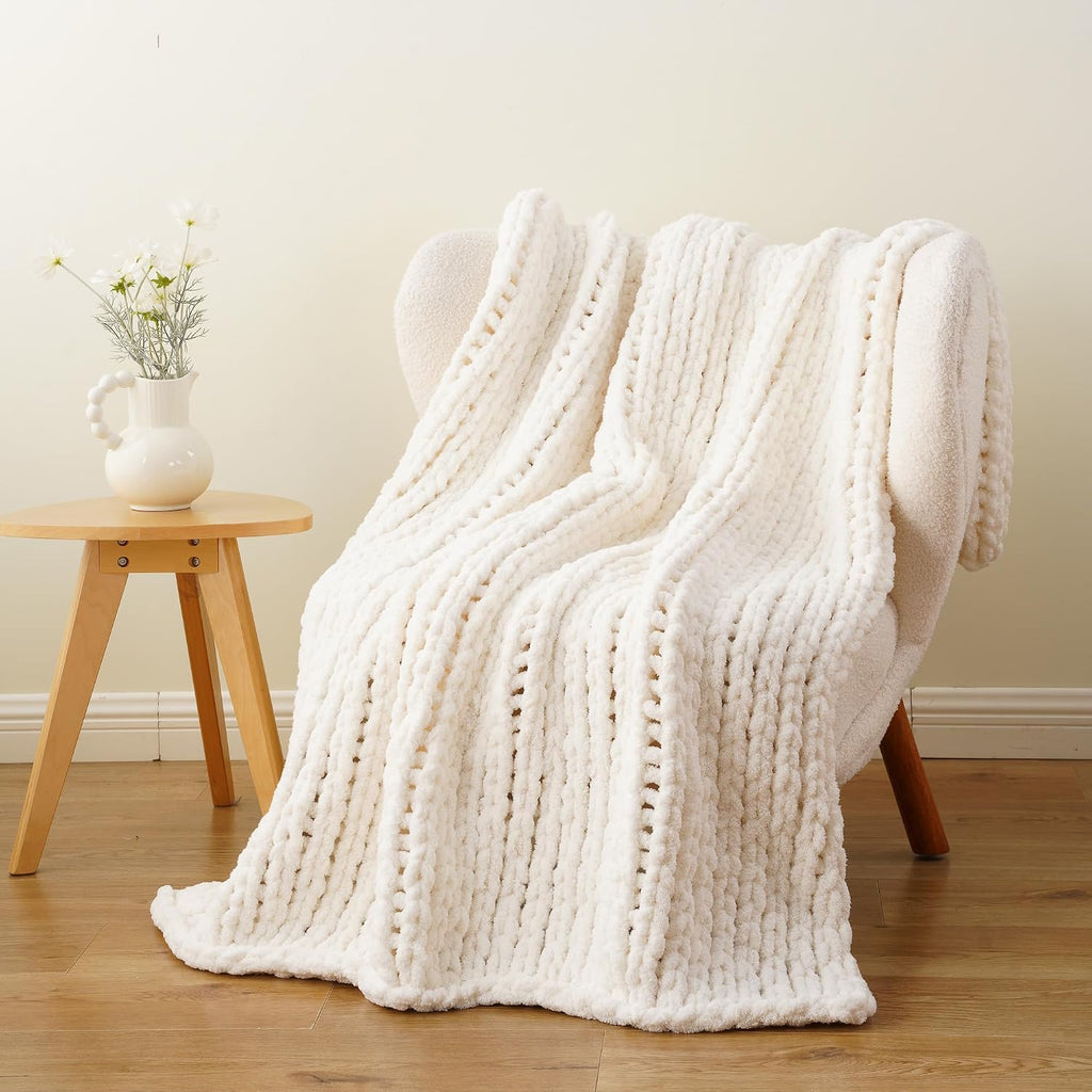 Cream Chenille Cable Knit Throw Blanket