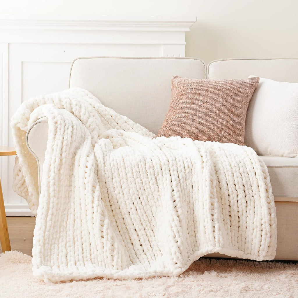 Cream Chenille Cable Knit Throw Blanket
