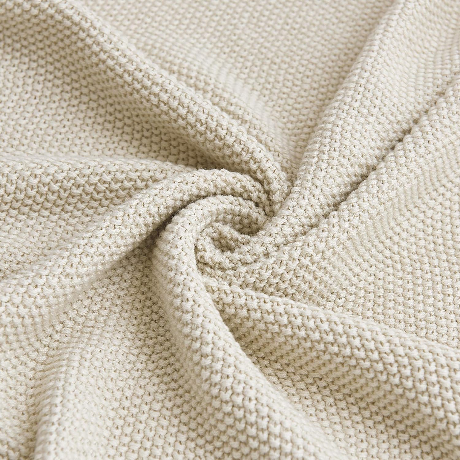 Beige Cotton Cable Knit Throw Blanket